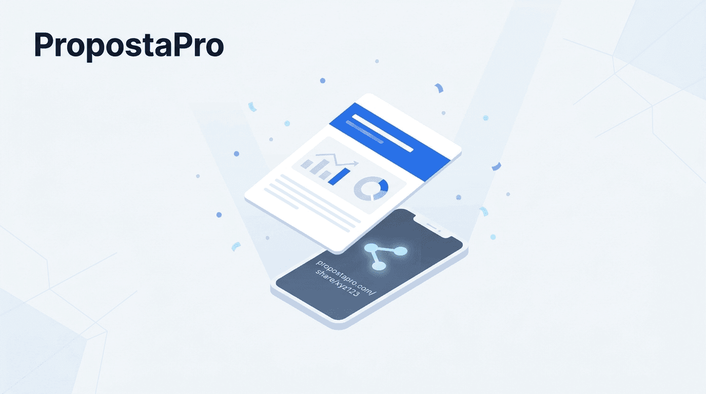 Professional proposal generated in PropostaPro, with a shareable link on a phone